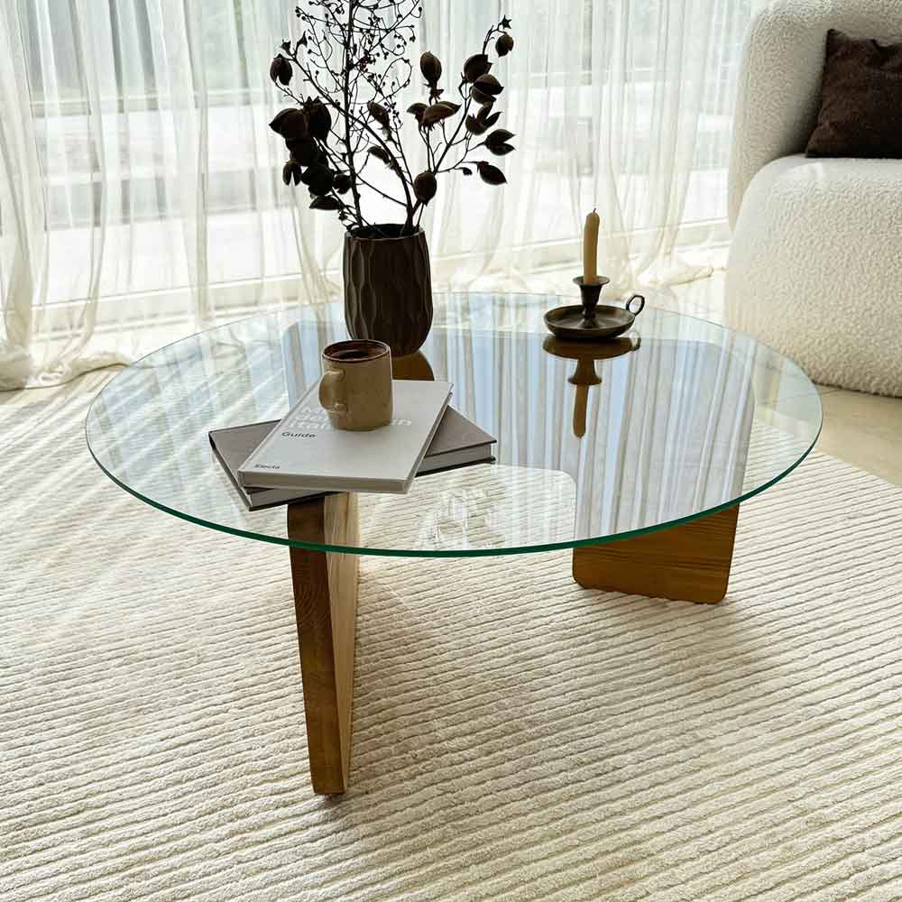 Kallisto Pine Wood Coffee Table with Clear Glass Top in Oak