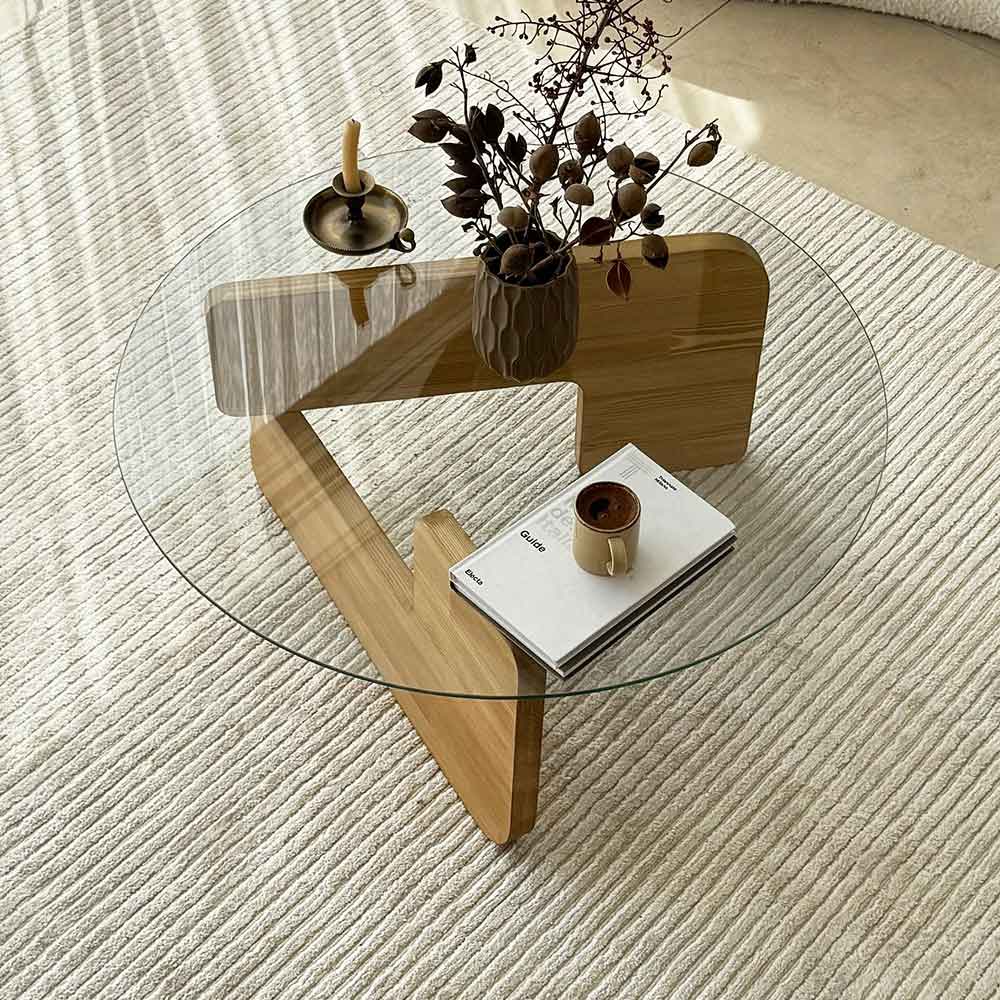 Kallisto Pine Wood Coffee Table with Clear Glass Top in Oak