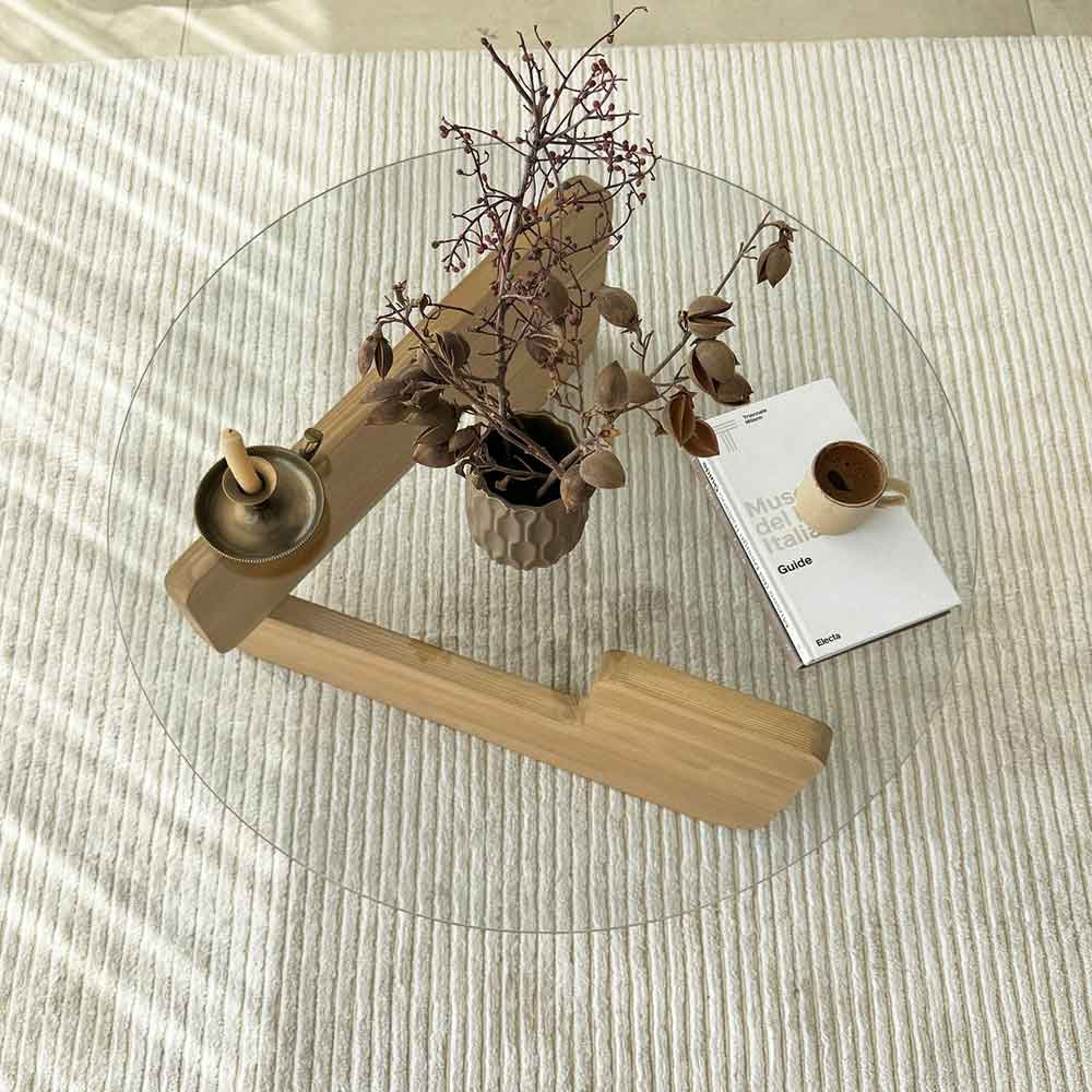 Kallisto Pine Wood Coffee Table with Clear Glass Top in Oak