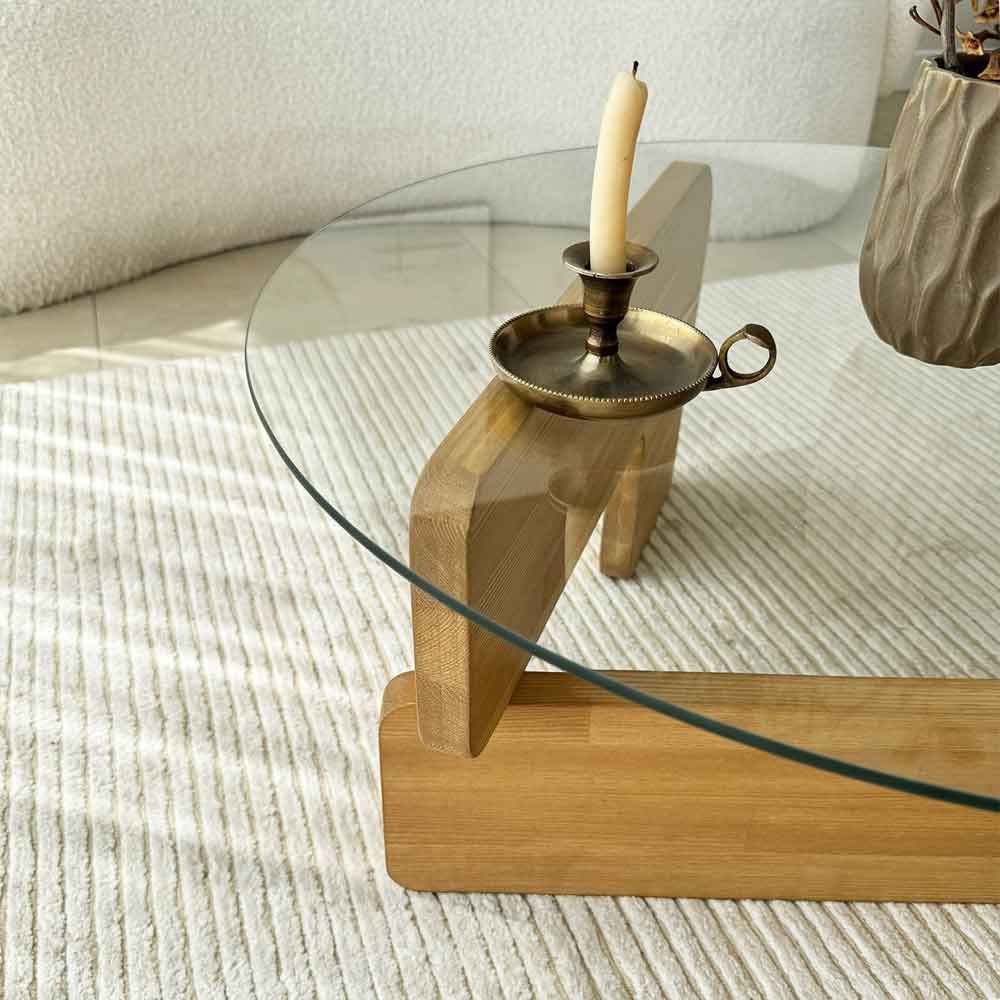 Kallisto Pine Wood Coffee Table with Clear Glass Top in Oak