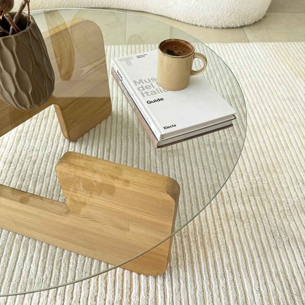 Kallisto Pine Wood Coffee Table with Clear Glass Top in Oak