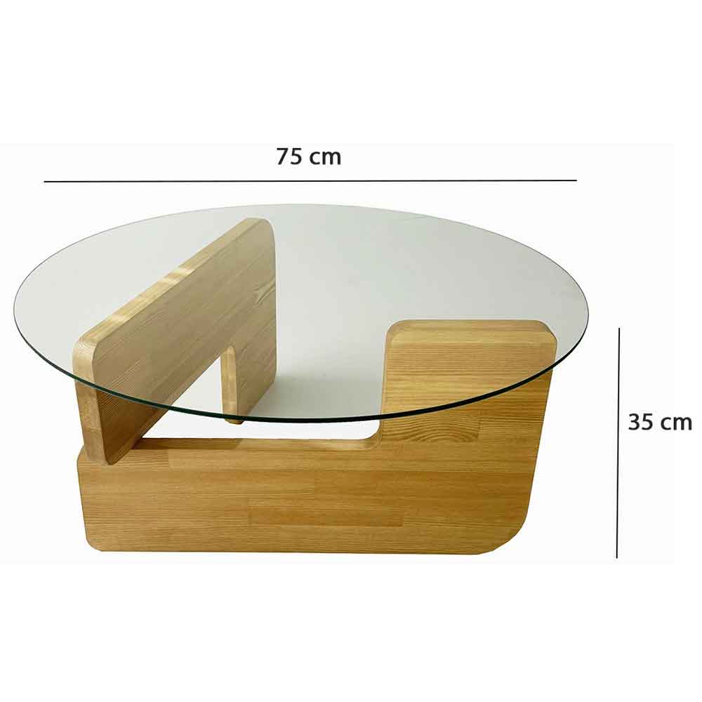 Kallisto Pine Wood Coffee Table with Clear Glass Top in Oak