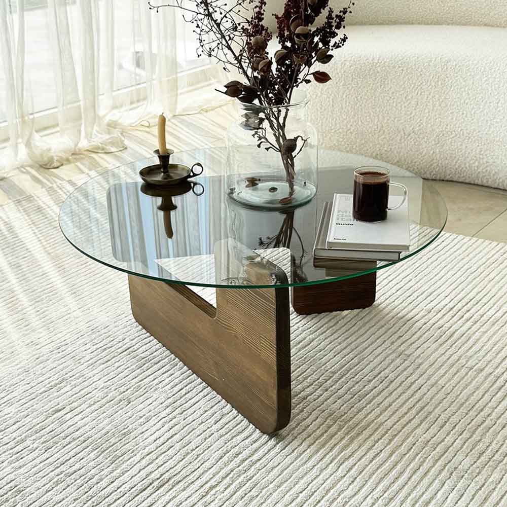 Kallisto Pine Wood Coffee Table with Clear Glass Top in Walnut