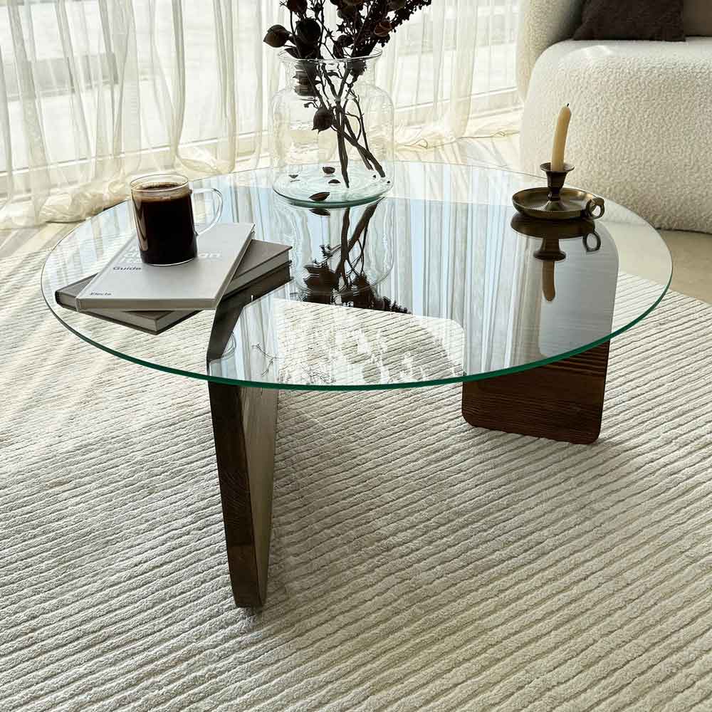Kallisto Pine Wood Coffee Table with Clear Glass Top in Walnut