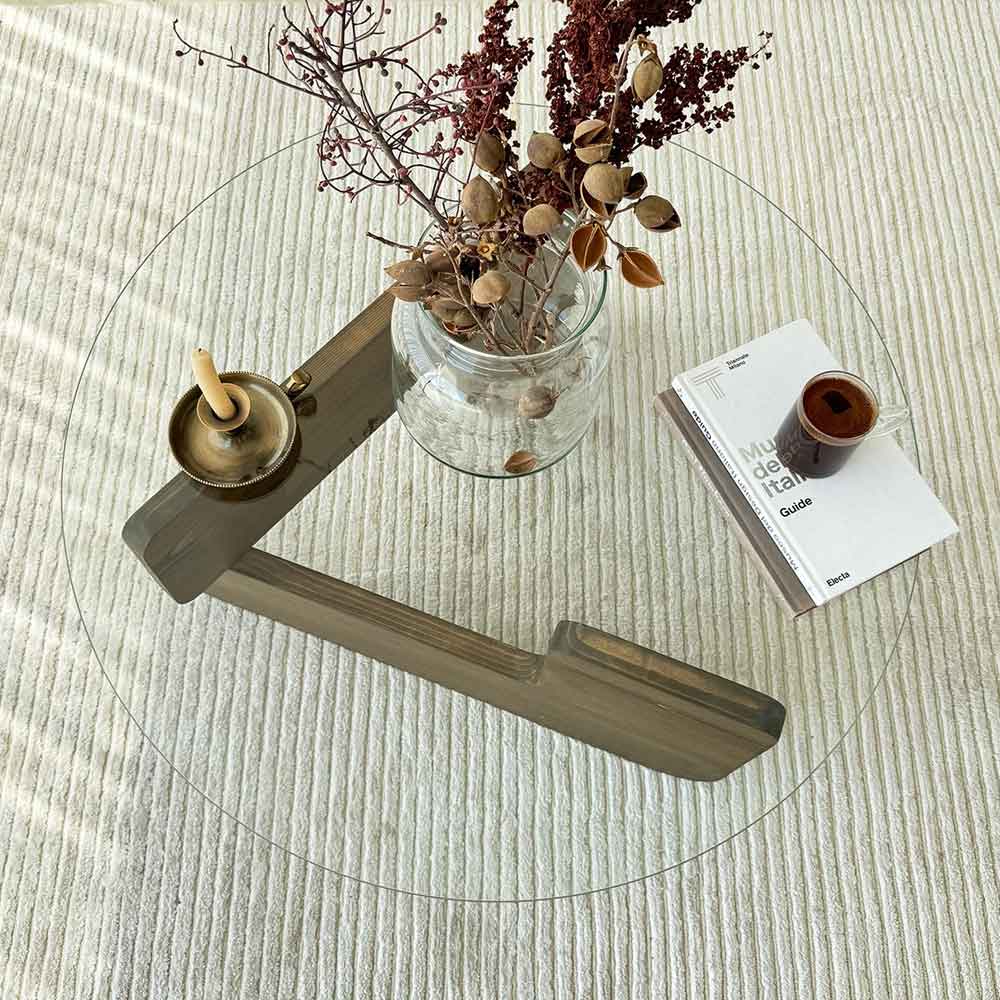 Kallisto Pine Wood Coffee Table with Clear Glass Top in Walnut