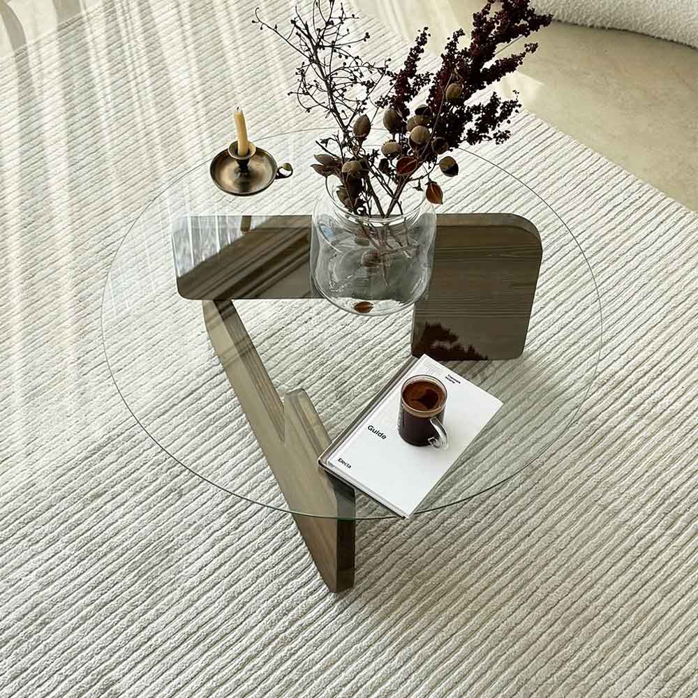 Kallisto Pine Wood Coffee Table with Clear Glass Top in Walnut