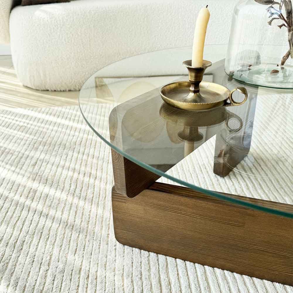 Kallisto Pine Wood Coffee Table with Clear Glass Top in Walnut