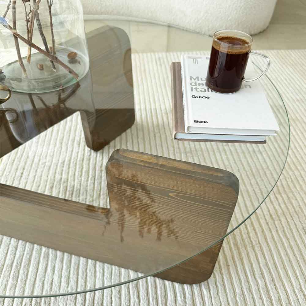 Kallisto Pine Wood Coffee Table with Clear Glass Top in Walnut
