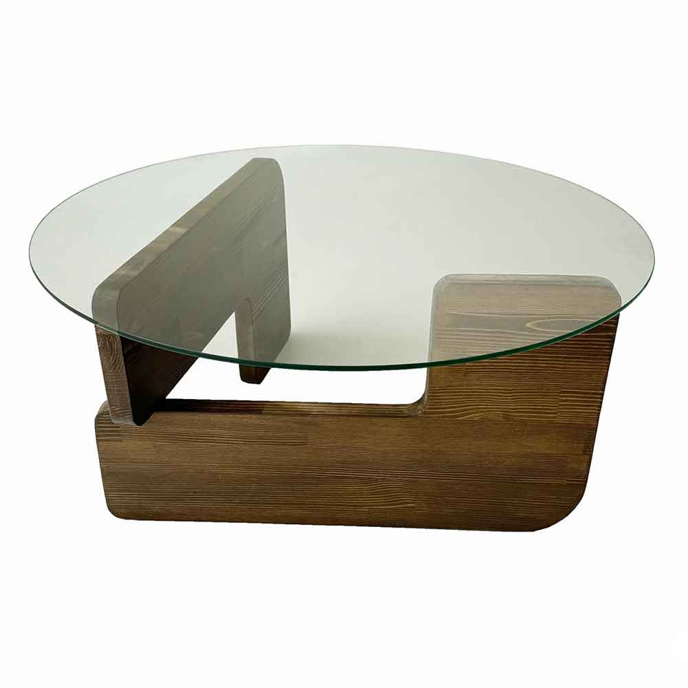 Kallisto Pine Wood Coffee Table with Clear Glass Top in Walnut