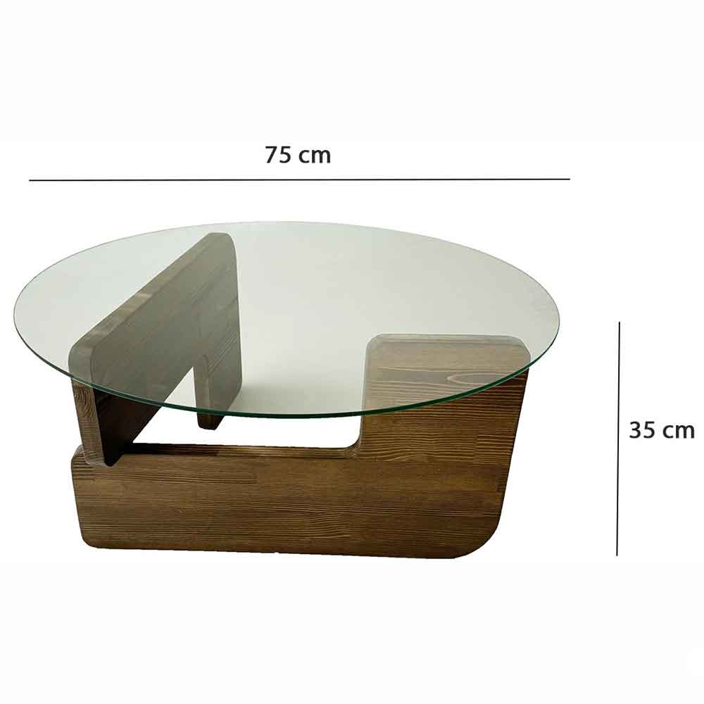 Kallisto Pine Wood Coffee Table with Clear Glass Top in Walnut