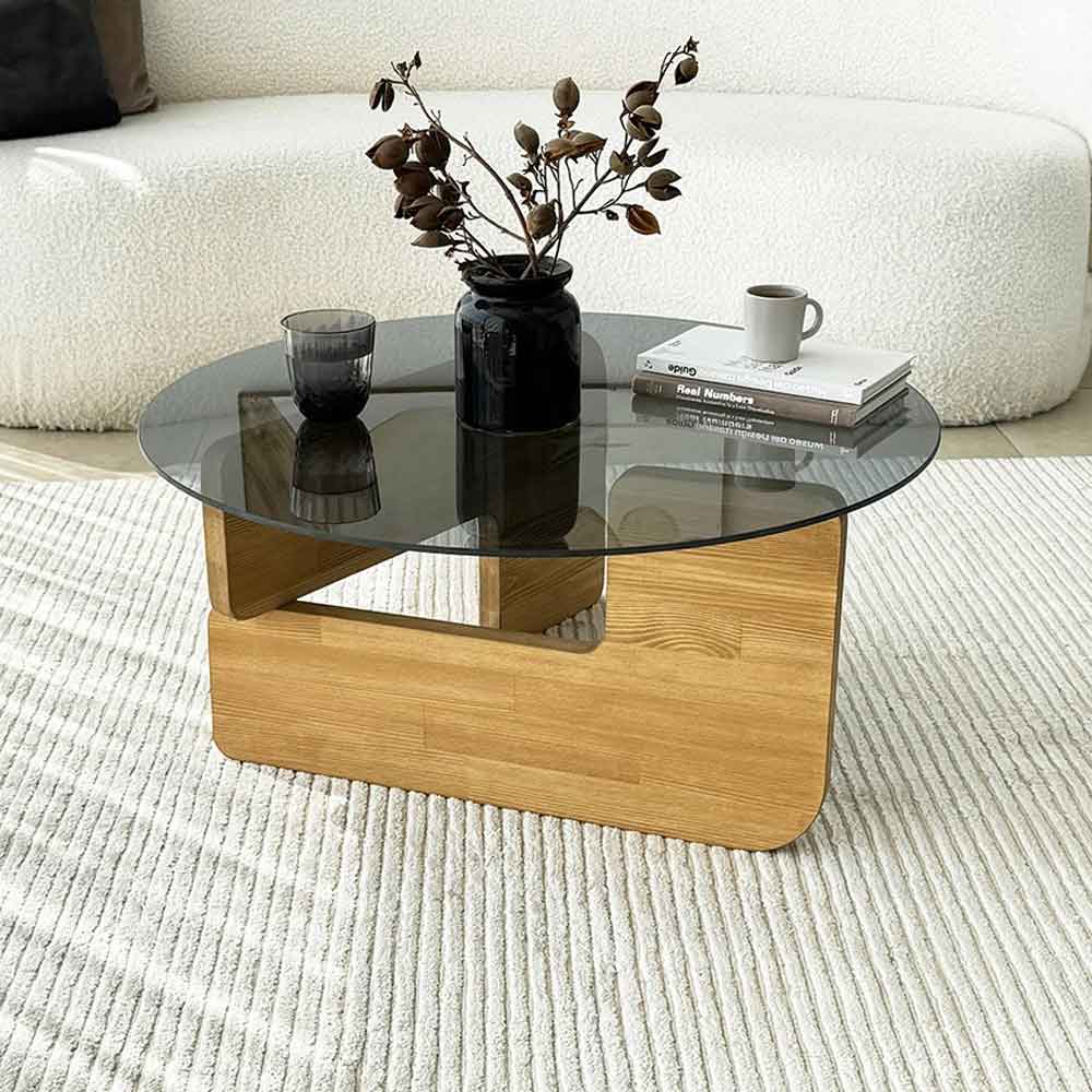 Kallisto Pine Wood Coffee Table with Fume Glass Top in Oak