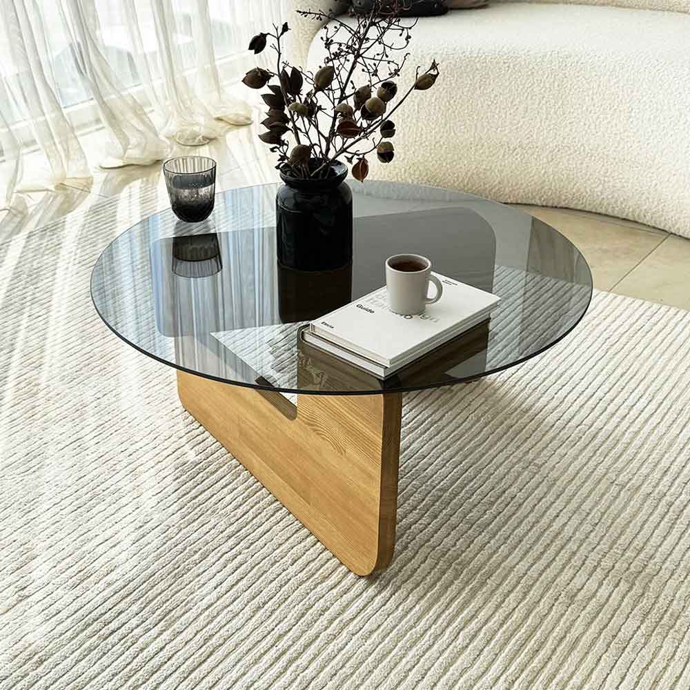 Kallisto Pine Wood Coffee Table with Fume Glass Top in Oak