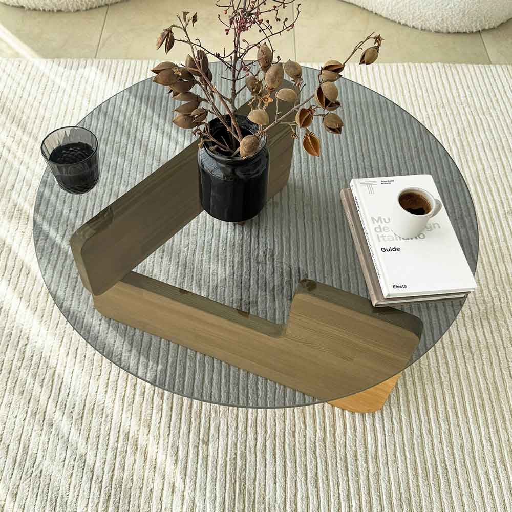 Kallisto Pine Wood Coffee Table with Fume Glass Top in Oak