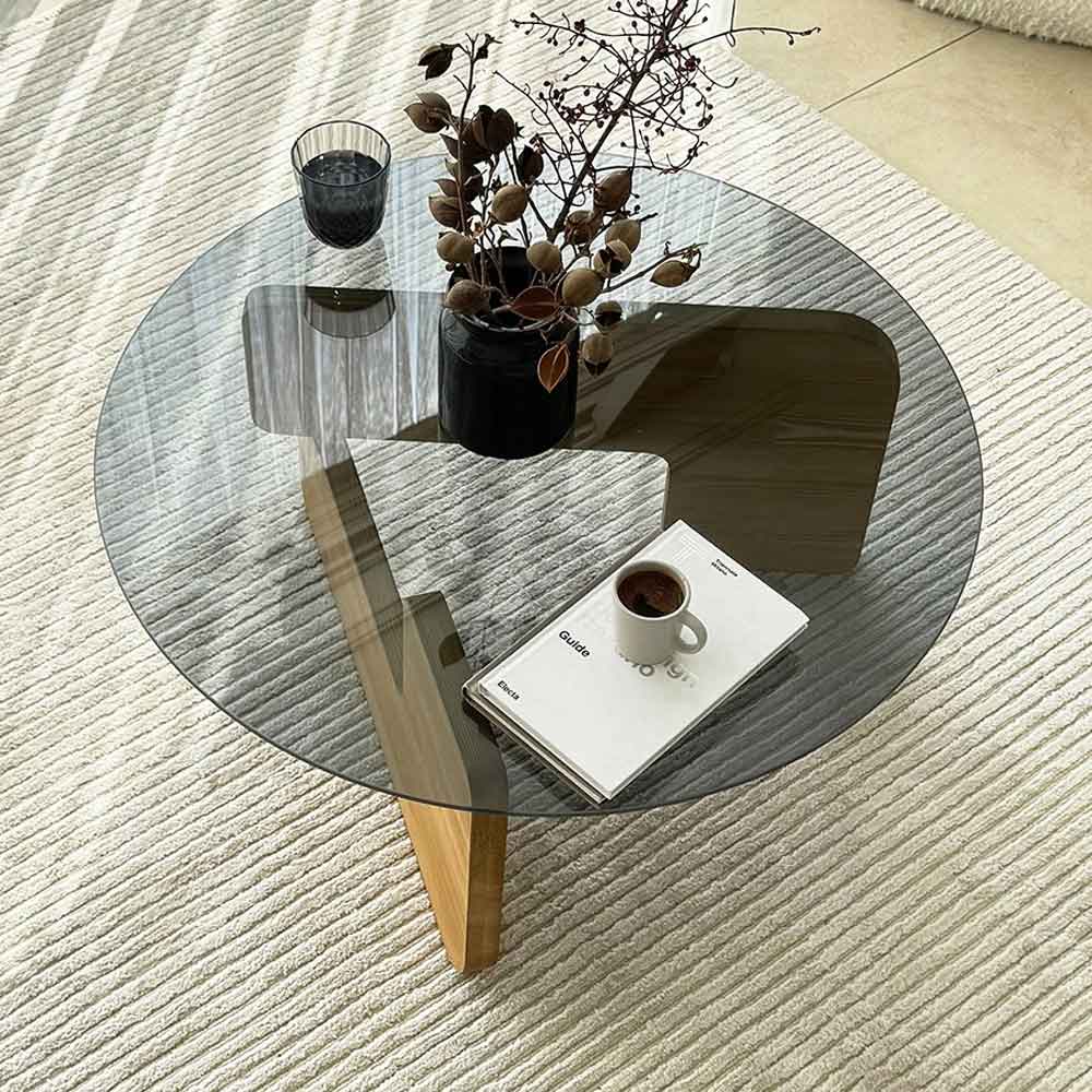 Kallisto Pine Wood Coffee Table with Fume Glass Top in Oak