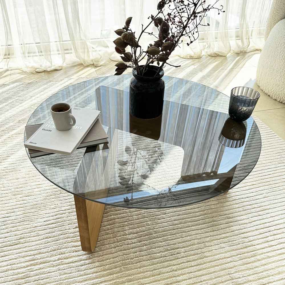 Kallisto Pine Wood Coffee Table with Fume Glass Top in Oak