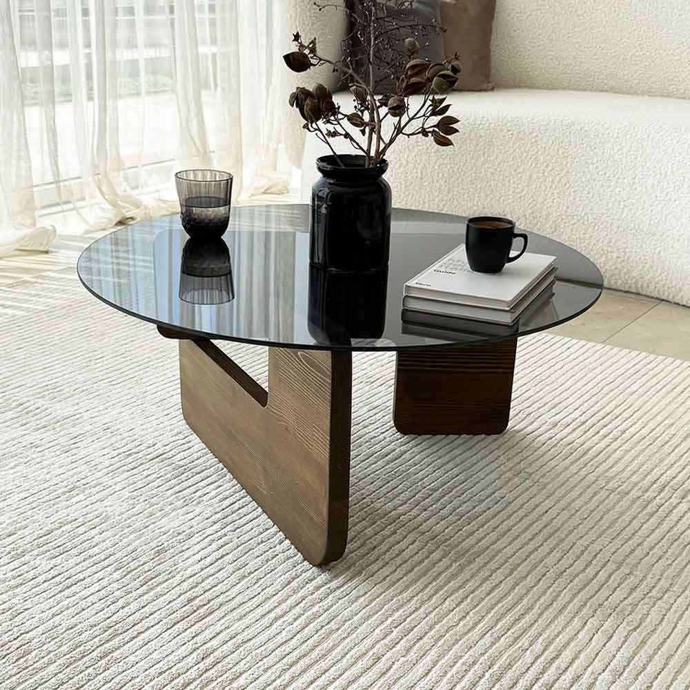 Kallisto Pine Wood Coffee Table with Fume Glass Top in Walnut