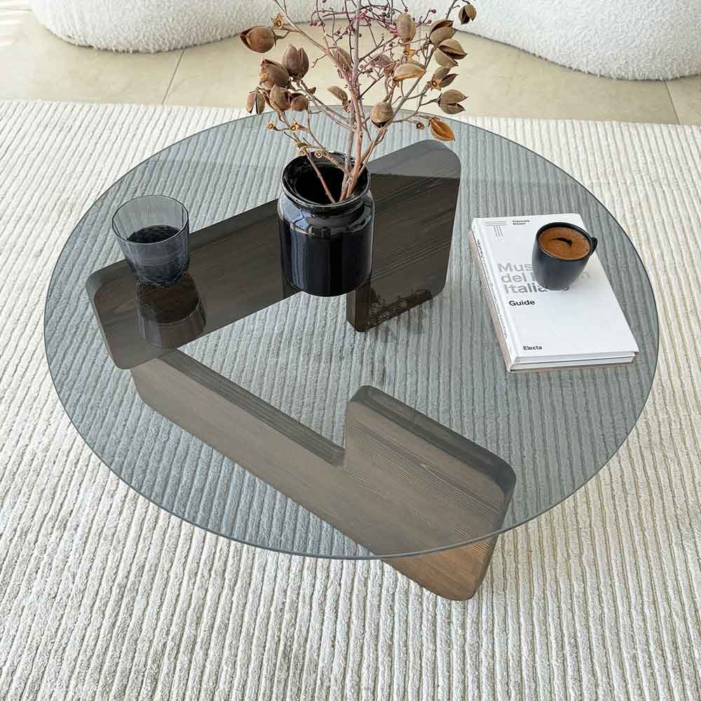Kallisto Pine Wood Coffee Table with Fume Glass Top in Walnut