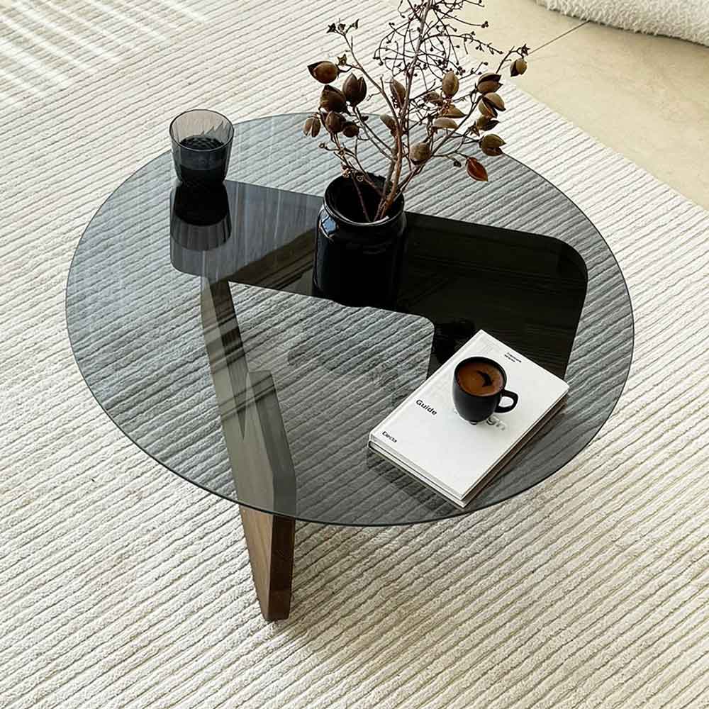 Kallisto Pine Wood Coffee Table with Fume Glass Top in Walnut