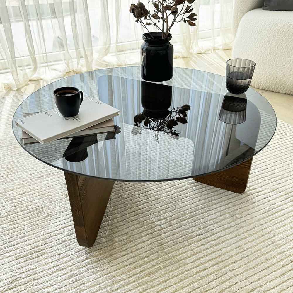 Kallisto Pine Wood Coffee Table with Fume Glass Top in Walnut