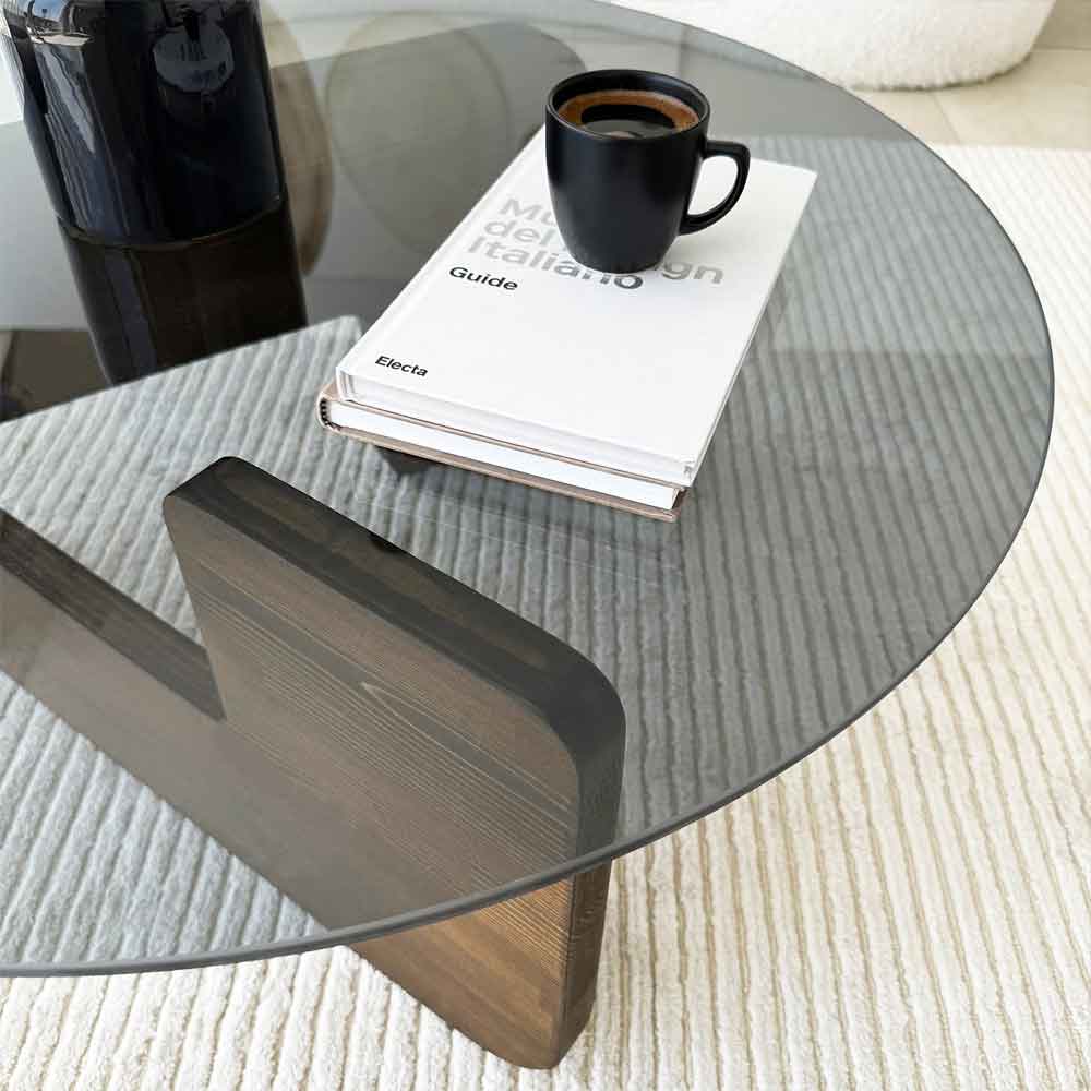 Kallisto Pine Wood Coffee Table with Fume Glass Top in Walnut