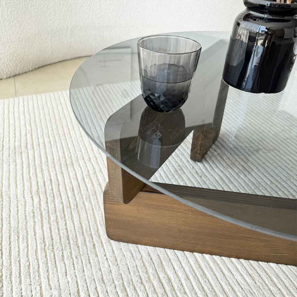 Kallisto Pine Wood Coffee Table with Fume Glass Top in Walnut