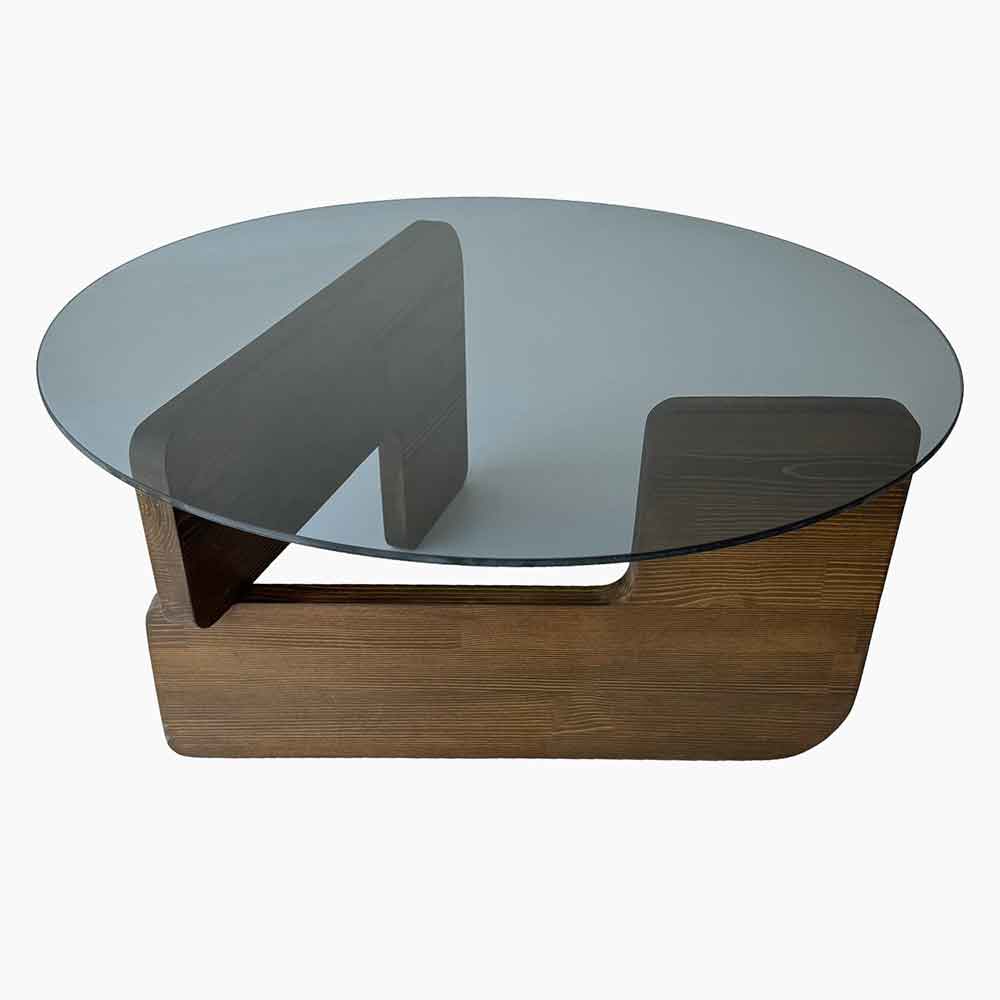 Kallisto Pine Wood Coffee Table with Fume Glass Top in Walnut