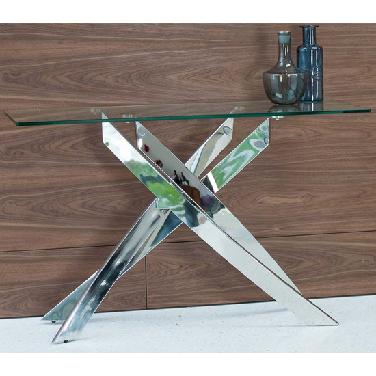 Read more about Kamal clear glass console table with stainless steel base