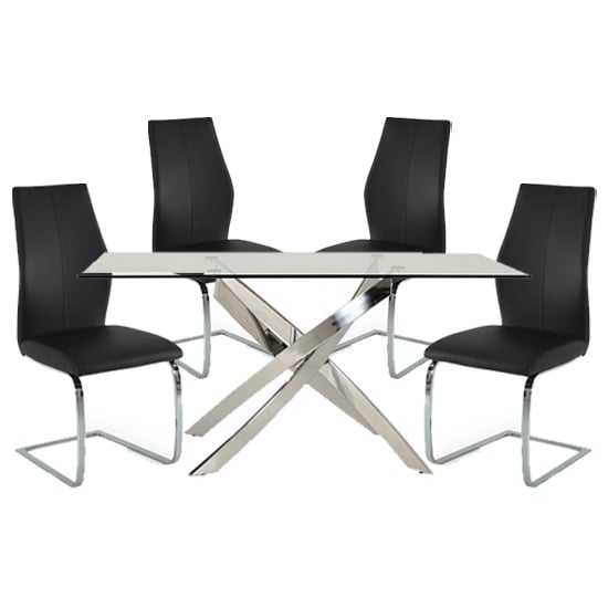 Read more about Kamal clear glass dining table with 4 bernie black chairs