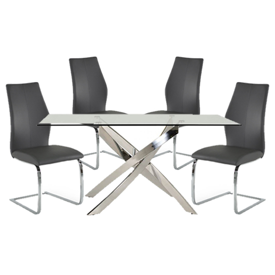 Read more about Kamal clear glass dining table with 4 bernie grey chairs
