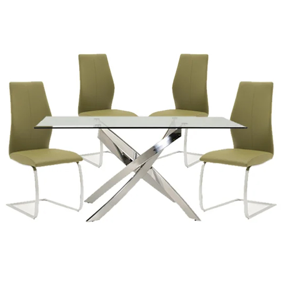 Read more about Kamal clear glass dining table with 4 bernie olive chairs