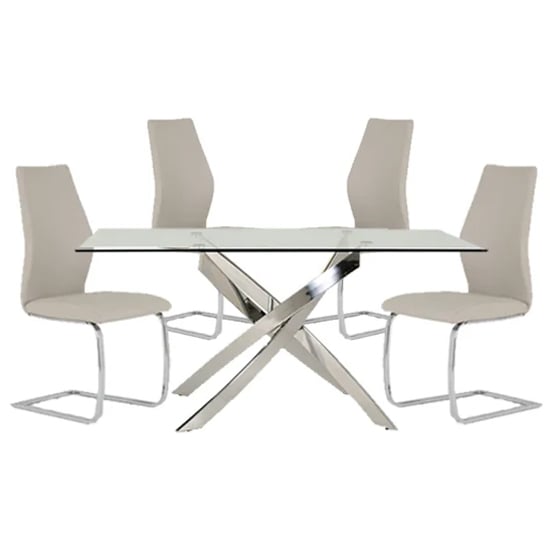 Read more about Kamal clear glass dining table with 4 bernie taupe chairs