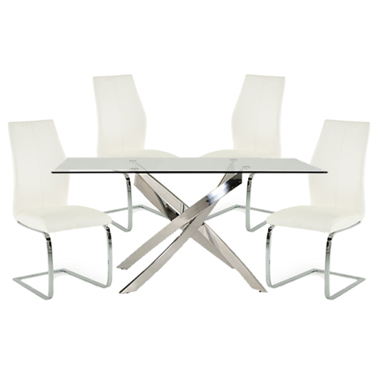 Read more about Kamal clear glass dining table with 4 bernie white chairs