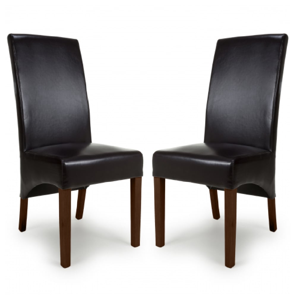 Read more about Kanata dark brown leather dining chairs with wooden legs in pair