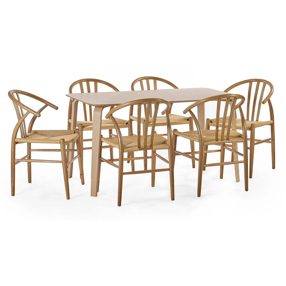 Kanata Oak Wooden Dining Table With 6 Sikeston Rattan Chairs