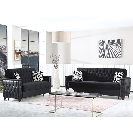 Kanata Plush Velvet Storage 3+2 Seater Sofa Beds In Black