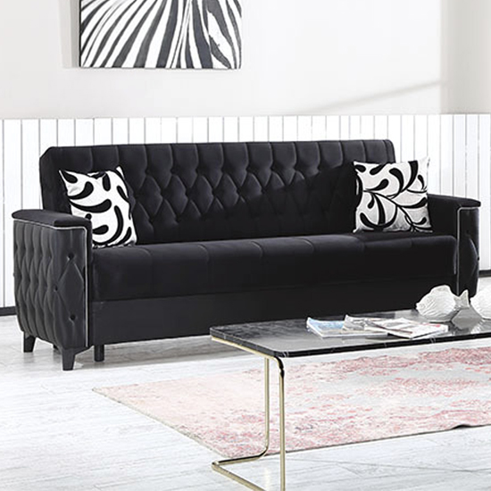 Product photograph of Kanata Plush Velvet Storage 3 Seater Sofa Bed In Black from Furniture in Fashion