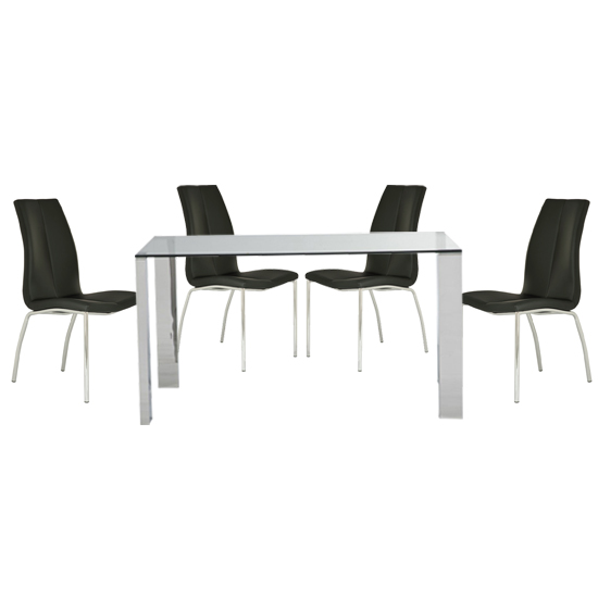 Kansas Clear Glass Dining Table With 4 Black Leather Chairs_1