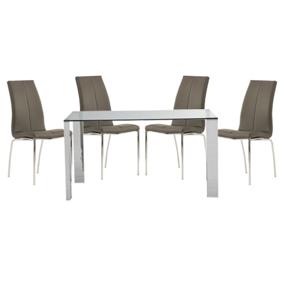 Kansas Clear Glass Dining Table With 4 Grey Leather Chairs