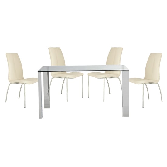 Kansas Clear Glass Dining Table With 4 White Leather Chairs