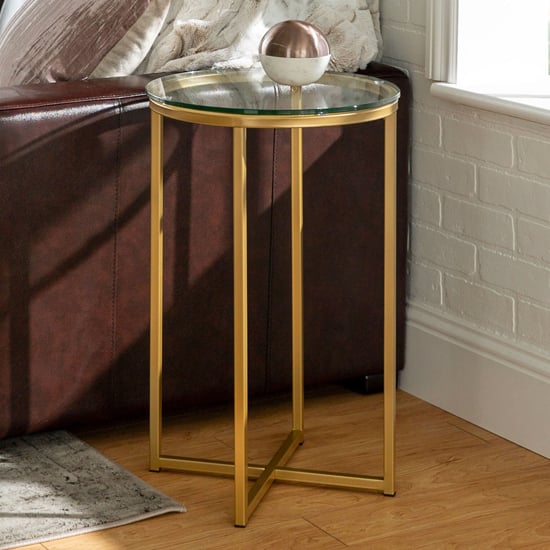Product photograph of Kansas Round Clear Glass Side Table With Gold Metal Frame from Furniture in Fashion