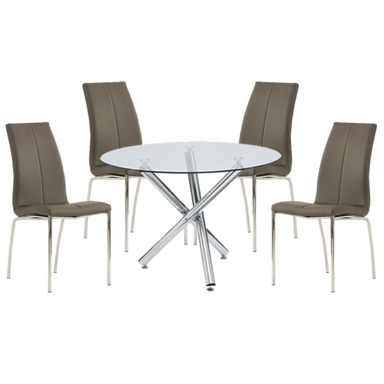 Kansas Round Glass Dining Table With 4 Grey Leather Chairs
