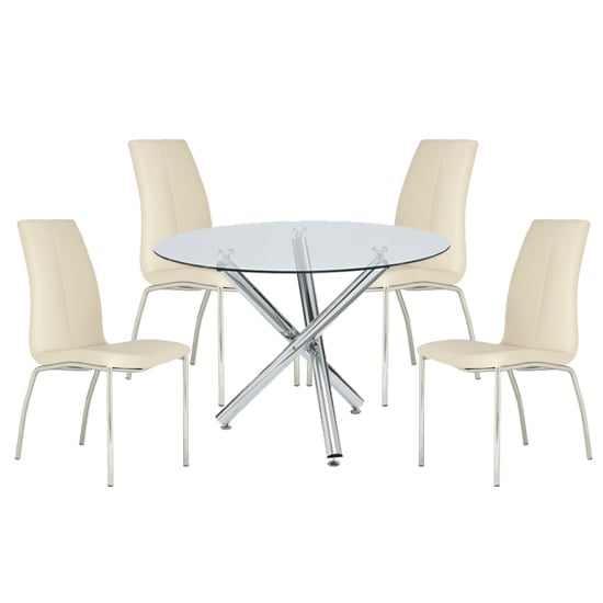Kansas Round Glass Dining Table With 4 White Leather Chairs