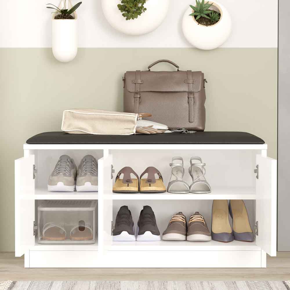 Kanso Wooden Shoe Storage Cabinet with Bench in White