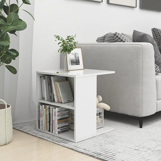 Product photograph of Kaori High Gloss Side Table With Shelves In White from Furniture in Fashion