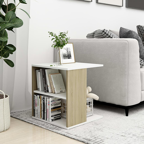 Read more about Kaori wooden side table with shelves in white and sonoma oak