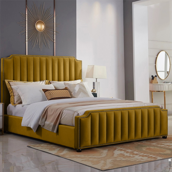 Kapolei Plush Velvet Small Double Bed In Mustard