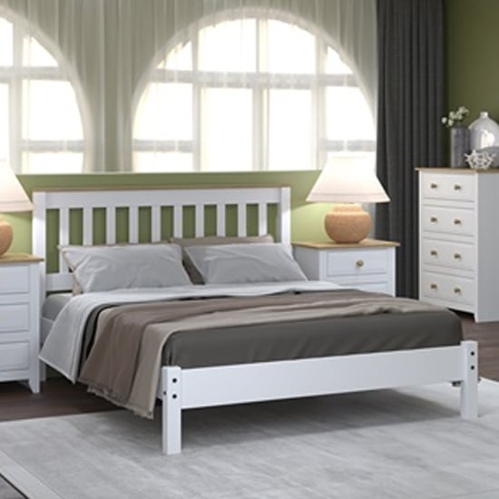 Kapri Wooden Low End Double Bed In White And Antique Wax