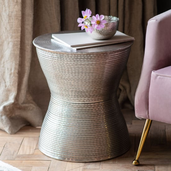 Photo of Kariba round metal side table in antique silver