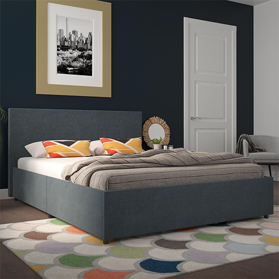 Keely Linen Fabric King Size Bed With 4 Drawers In Navy Furniture in
