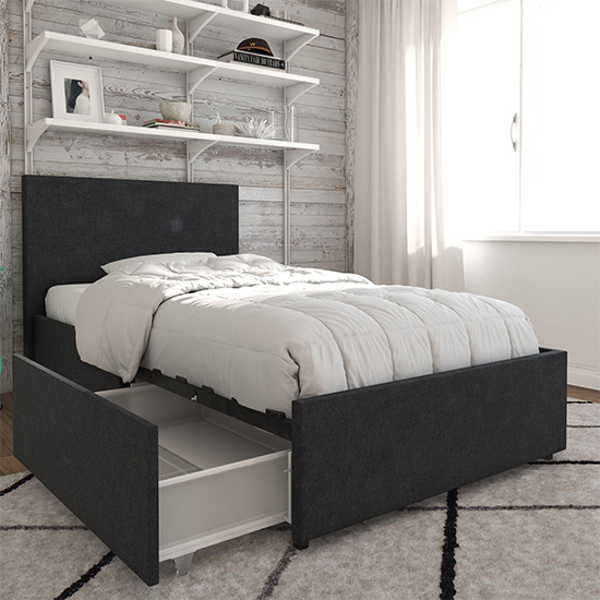 Karik Linen Fabric Single Bed With 2 Drawers In Dark Grey_2